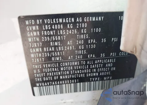 2017 Volkswagen Tiguan 2.0T/2.0T S z USA, uszkodzony, nr VIN WVGAV7AX4HK053631